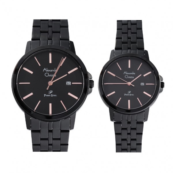 Alexandre Christie AC 1036 Black Rosegold Steel Couple